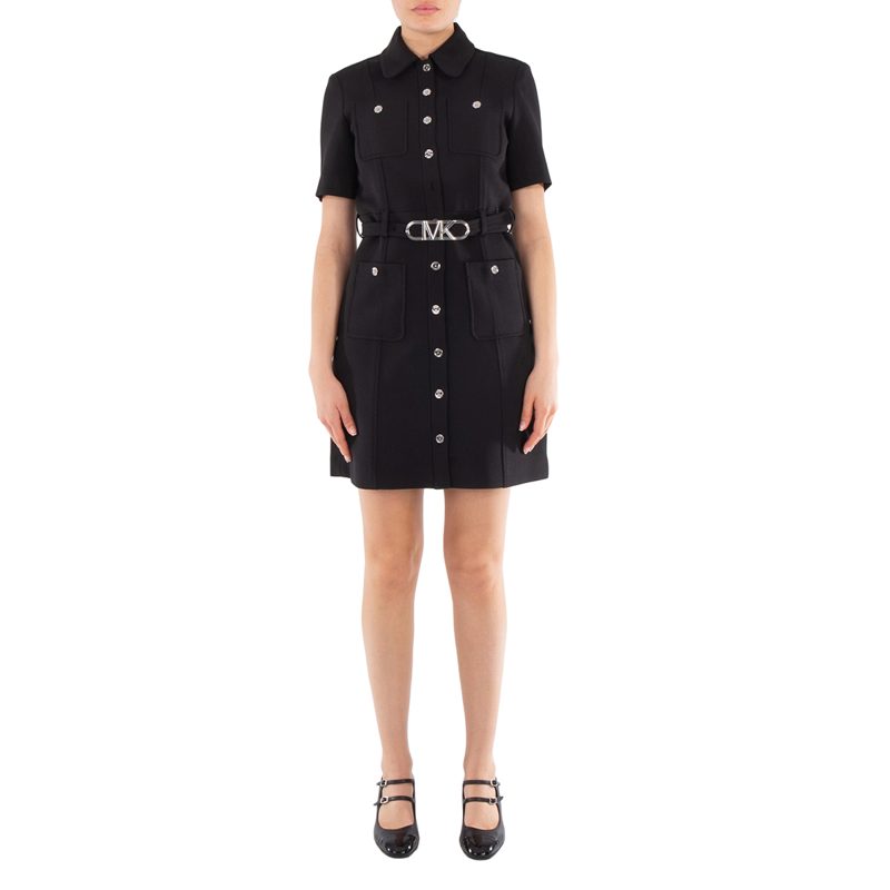 Michael Kors Stretchy Crepe Short Sleeve Belted Utility Dress_Black