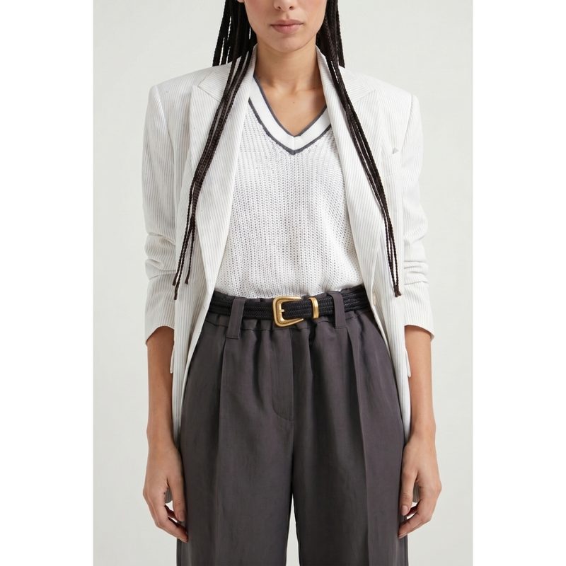 Brunello Cucinelli Womens Black Woven Belt With Buckle_Multi-Color
