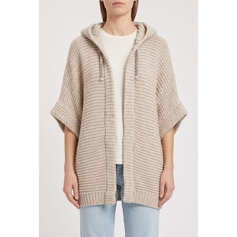 Brunello Cucinelli Womens 100% Cotton Hevy Knit Hoodie Sweater Nwt_Beige