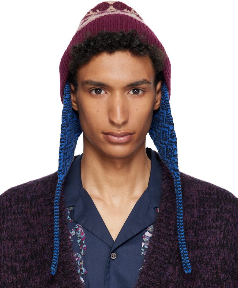 Burgundy & Blue Jacquard Wool Beanie 262358M138004