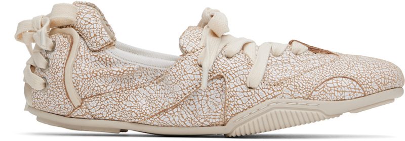 White & Beige Lace-Up Leather Sneakers 262129F128005
