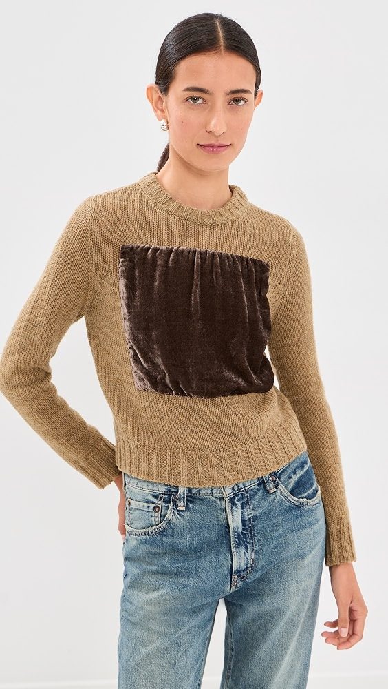 Velvet Patch Crew Sweater_Mustard/Brown