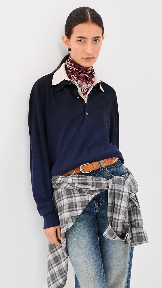 Layered Knit Polo Sweater_Navy/Beige