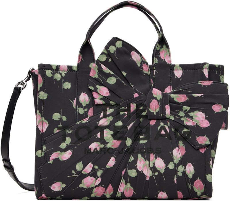 Black Vintage Floral Canvas Oversized Bow Medium Tote 262190F049040