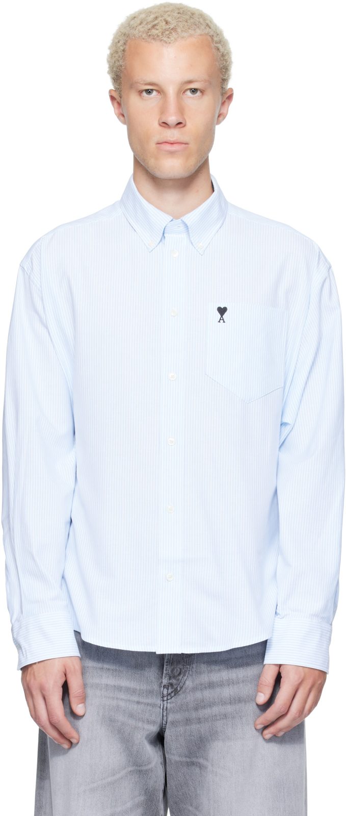 White & Blue Boxy Cotton Ami de Coeur Shirt 262482M192004