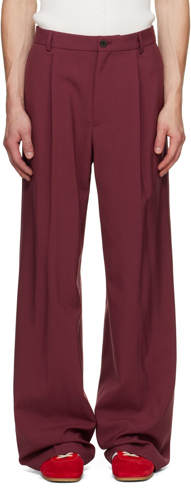 Burgundy Pleated Wool Trousers 262358M191031