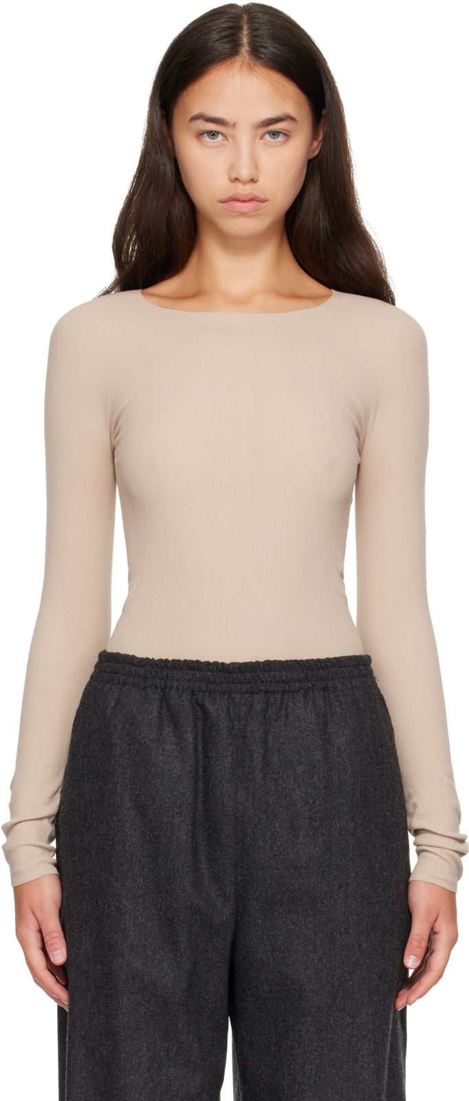 Beige Ribbed T-shirt 262249F096008