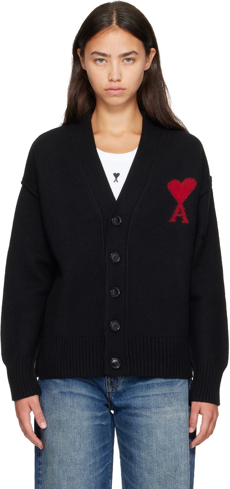 Black Wool Ami de Coeur Cardigan 262482F095005
