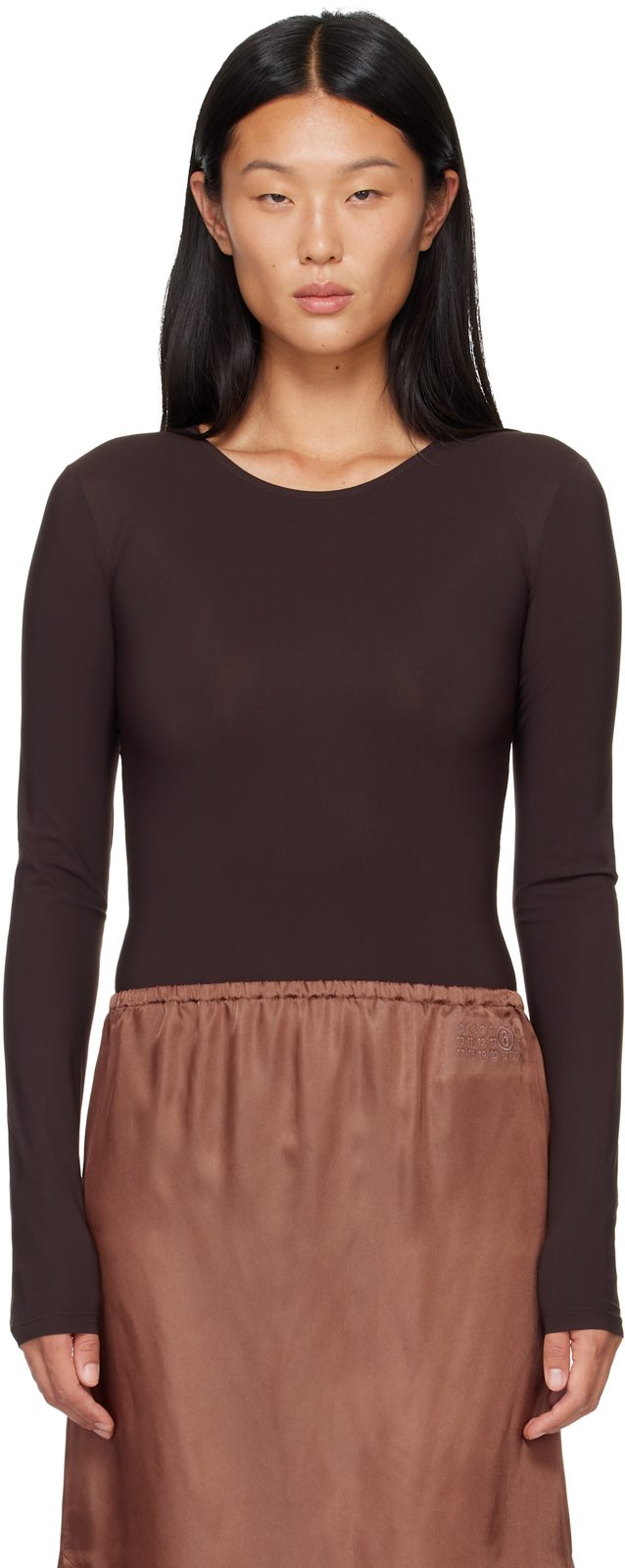 Brown Lycra Jersey Bodysuit 262188F358001