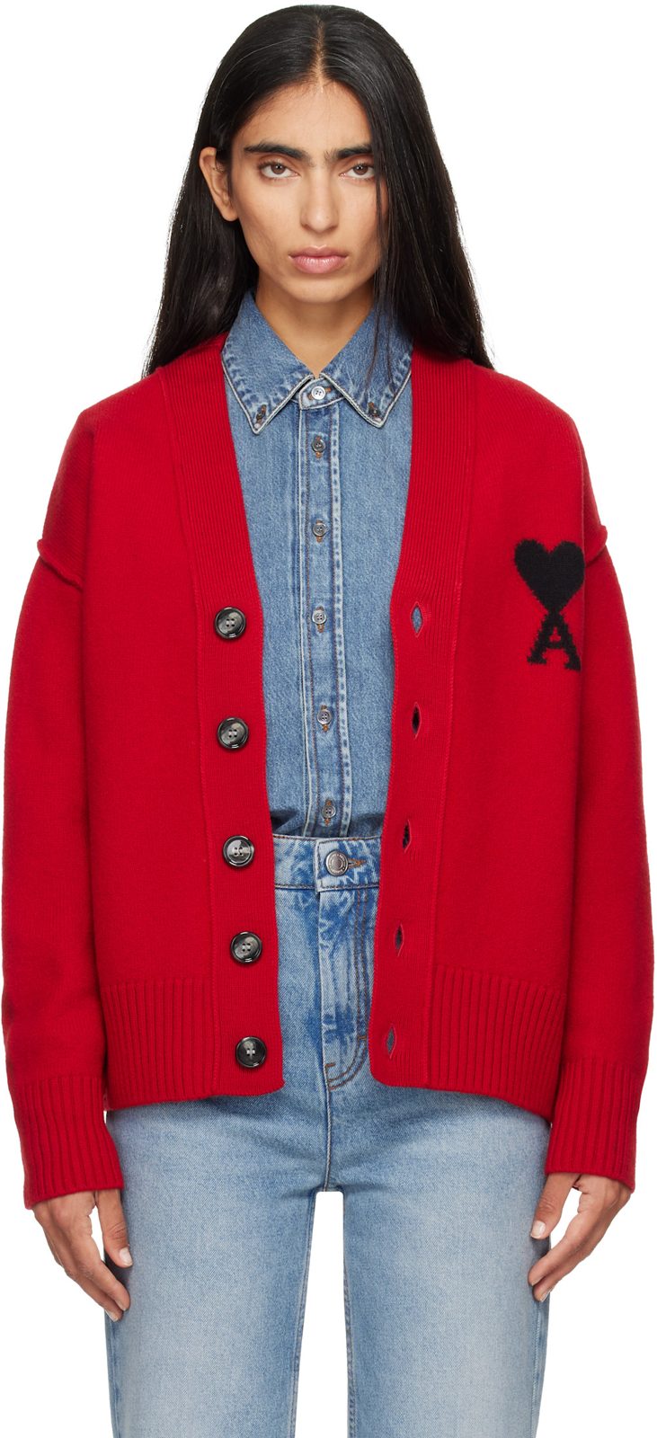 Red Natural Wool Ami De Coeur Cardigan 262482F095003