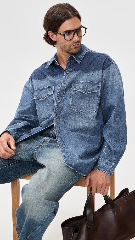 Bicolor Denim Button Down Shirt_Old Blue/Spots