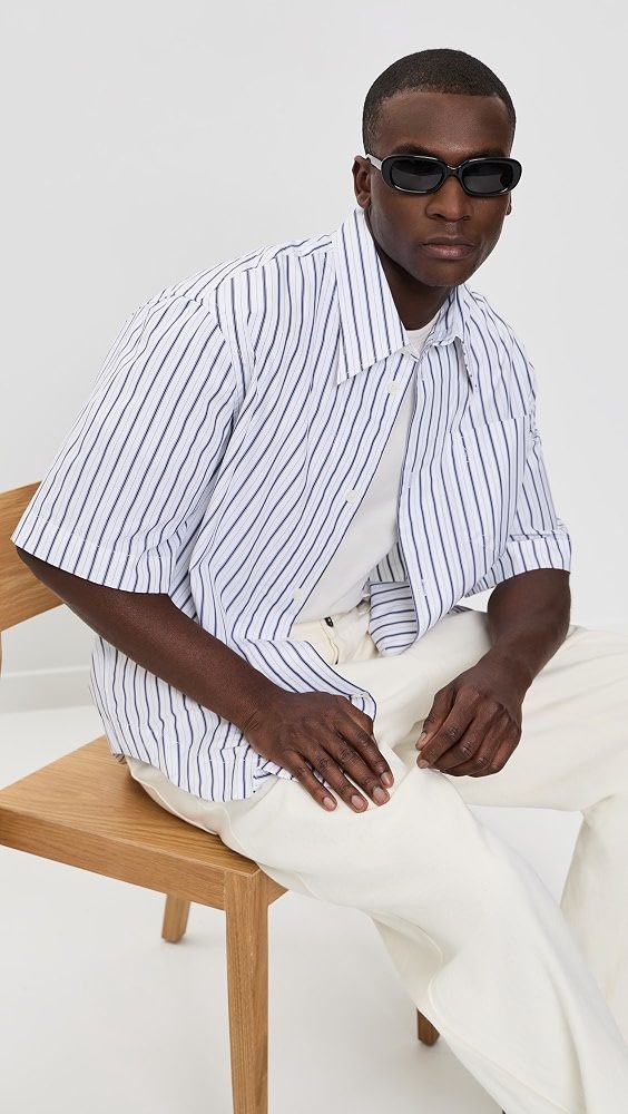 AMI Striped Camp Collar Shirt_Blanc/Encre