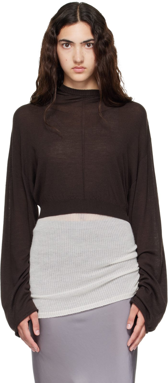 Brown Tower Cropped Tunic Hoodie 262232F097003