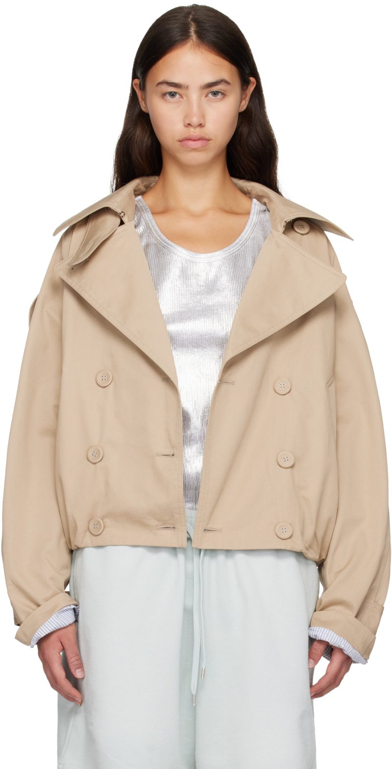 Beige Short Trench Jacket 262129F063007