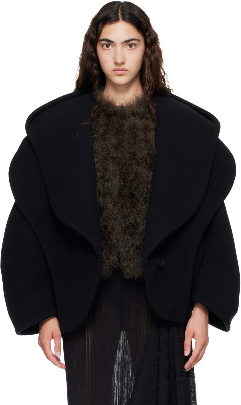 Black Oversized Wool Hood Pea Coat 262251F063000
