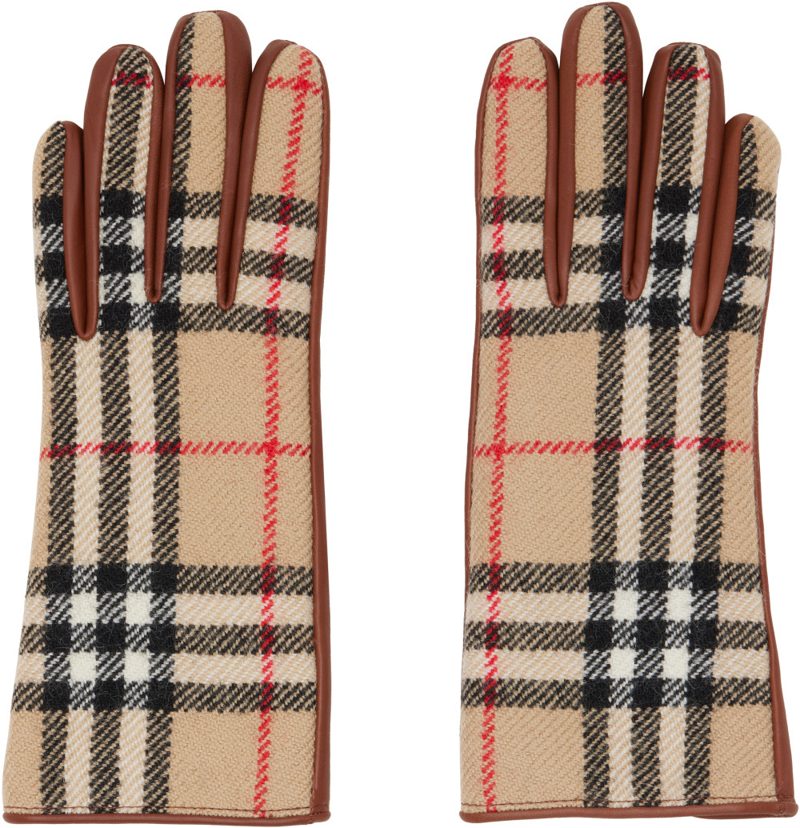 Brown Check Wool Gloves 262376F012000