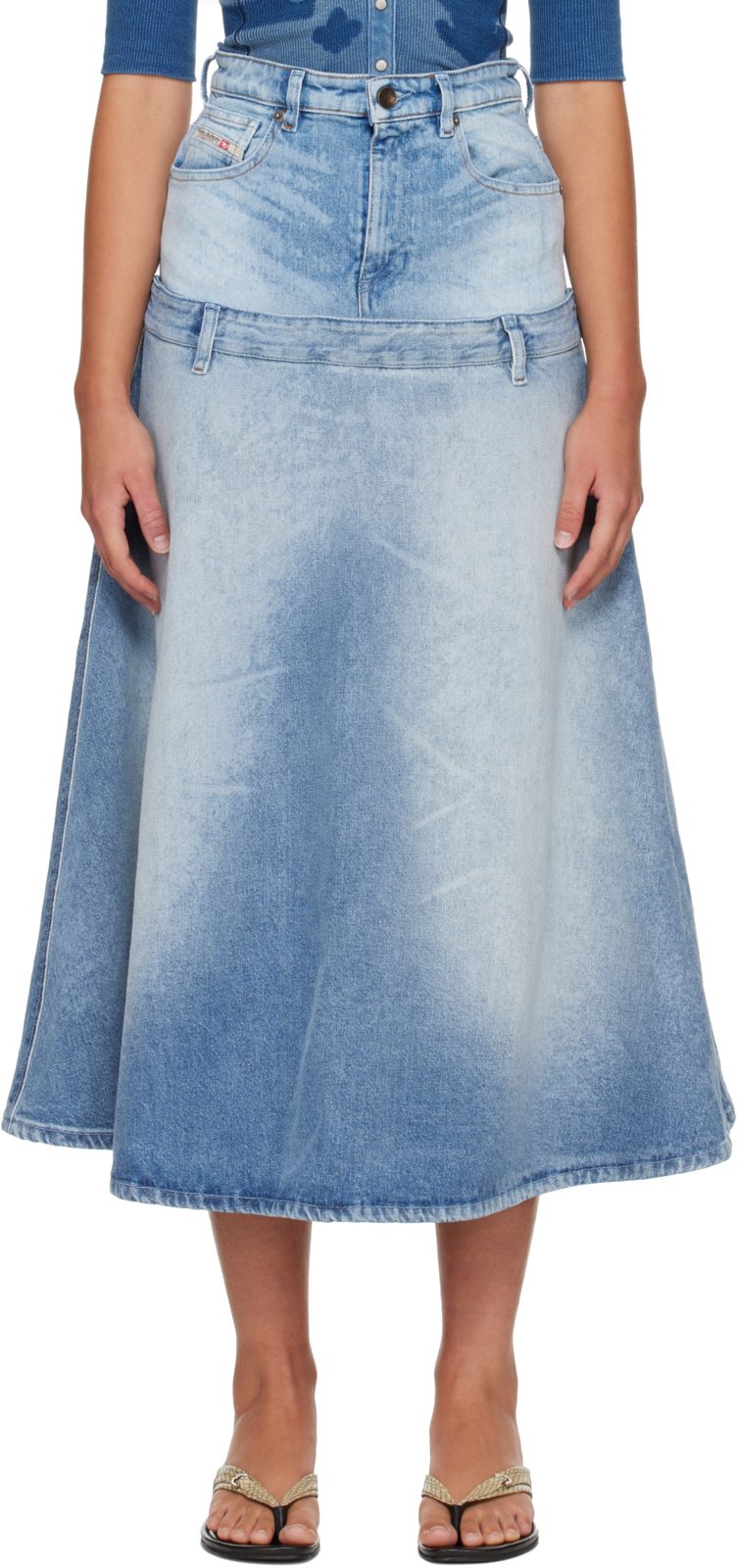 Blue Layered Denim Midi Skirt 262001F092006