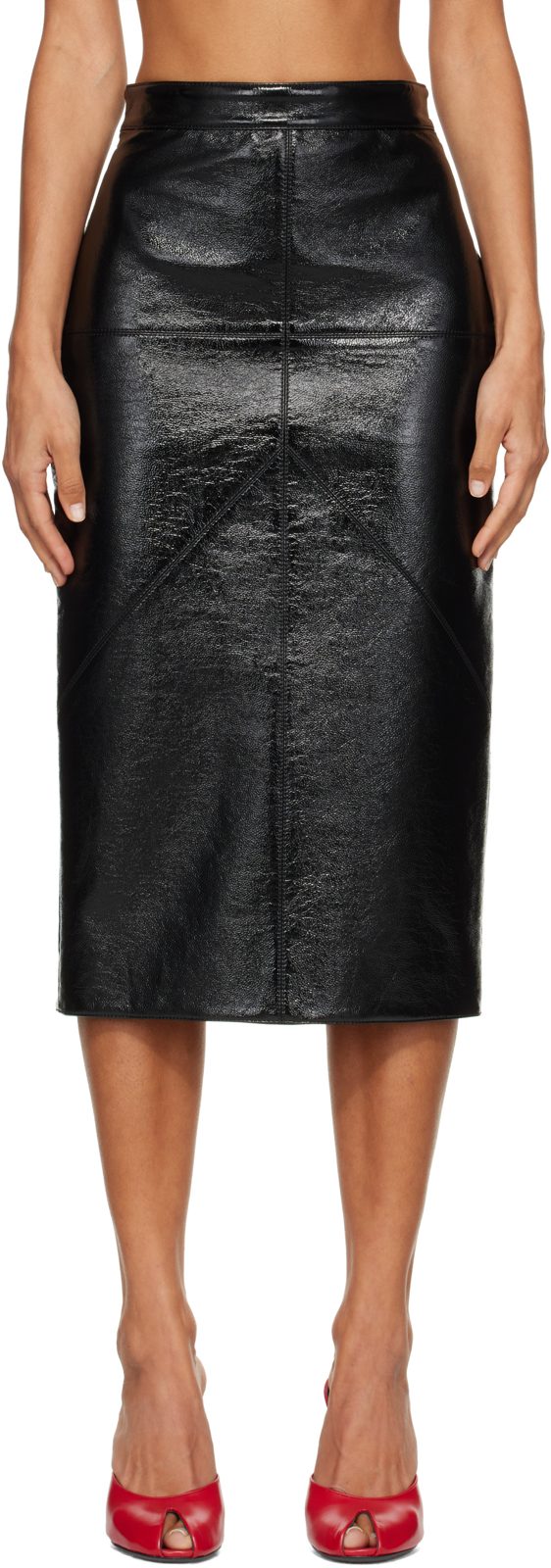 Black Cut-Outs Vinyl Straight Midi Skirt 262254F092000