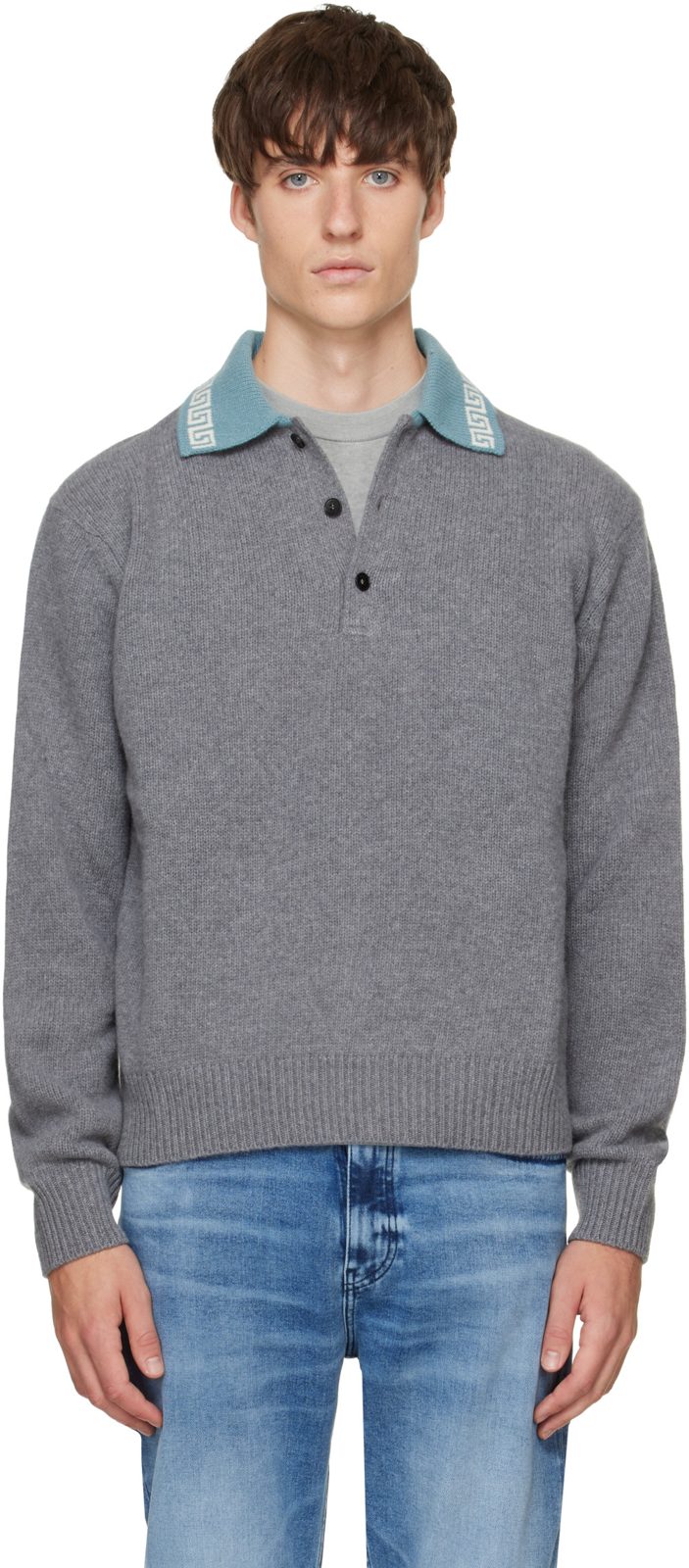 Gray Wool & Cashmere Knit Polo 262404M212028