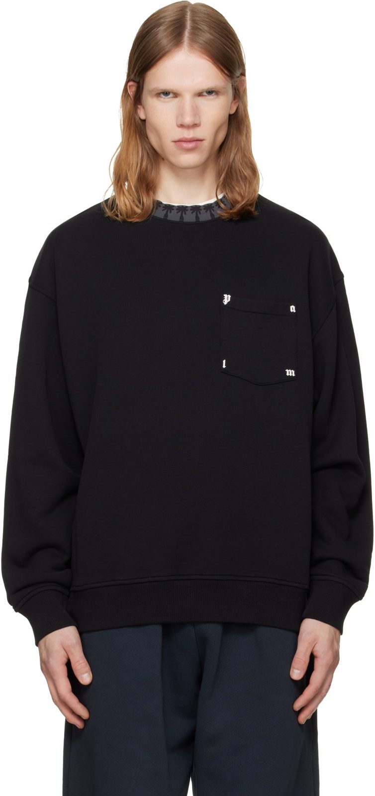 Black Palm Rib Regular Crewneck Sweatshirt 262695M201001