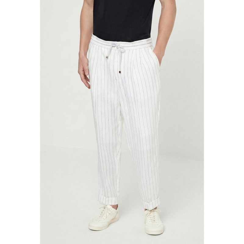 Brunello Cucinelli MenS White Linen Relaxed Trousers_White