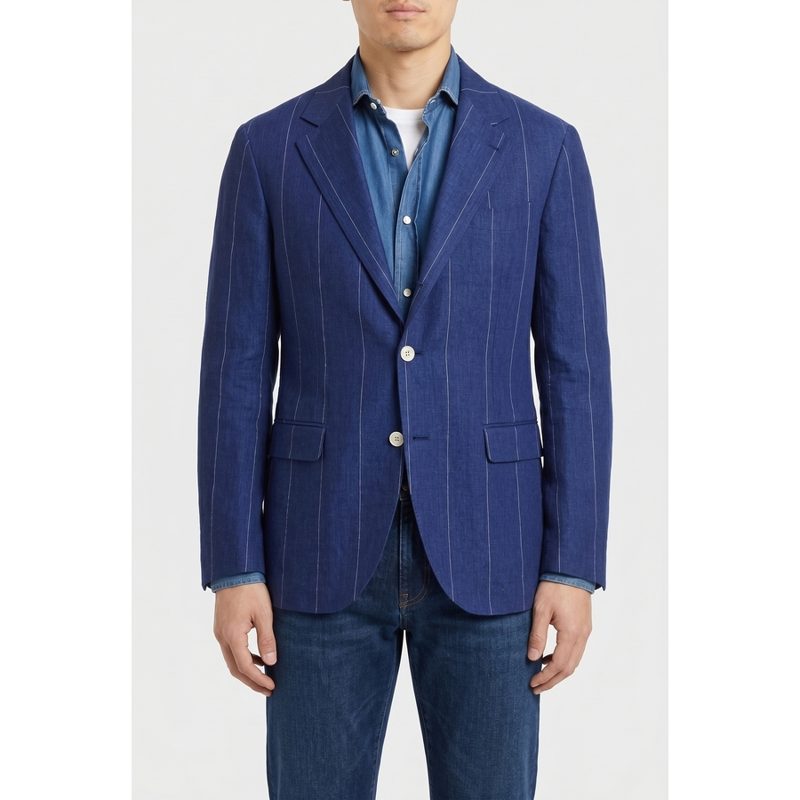Brunello Cucinelli Blue Linen Tailored Blazer_Blue