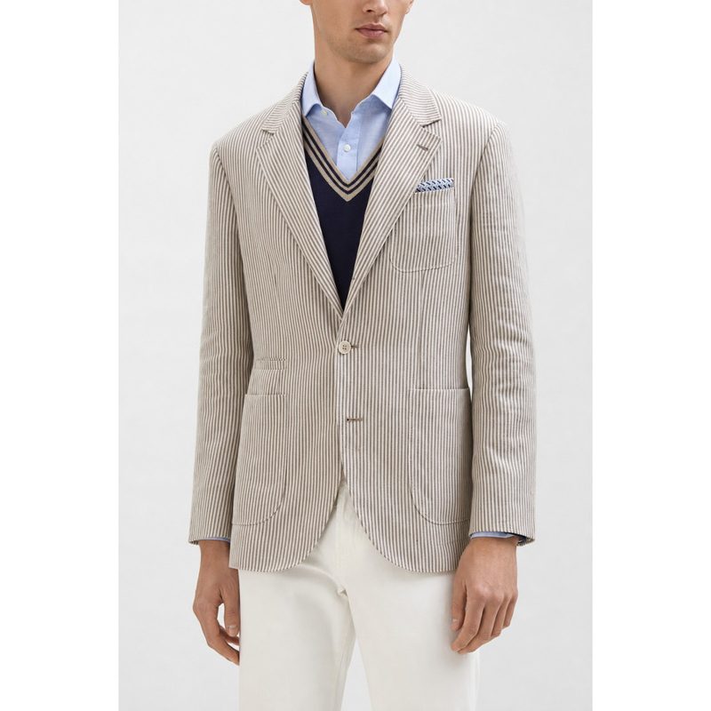 Brunello Cucinelli MenS Beige Linen Wool Striped Blazer_Beige