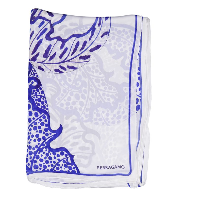 Foliage Print Silk Scarf_White