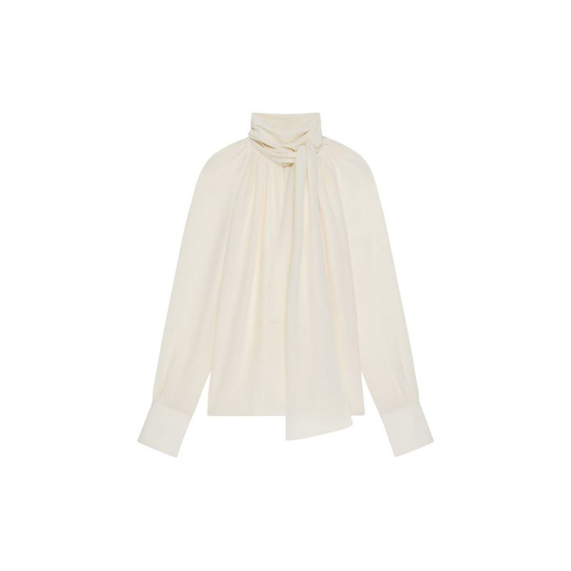 Blouse With Knot Collar_Eggshell_Beige