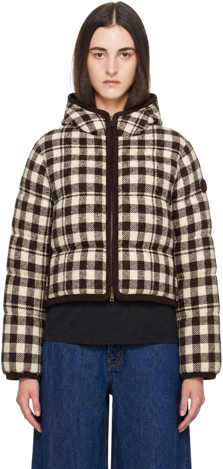 Beige & Brown Check Abstraction Down Jacket 262111F061010