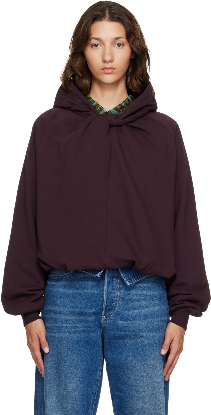 Burgundy Draped Cotton Hoodie 262358F097005