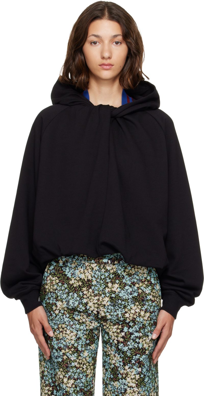Black Draped Cotton Hoodie 262358F097004