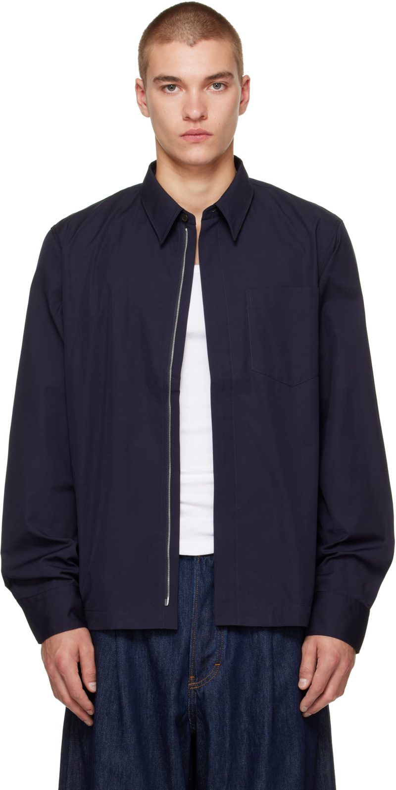 Navy Cotton Zip Shirt 262358M192027