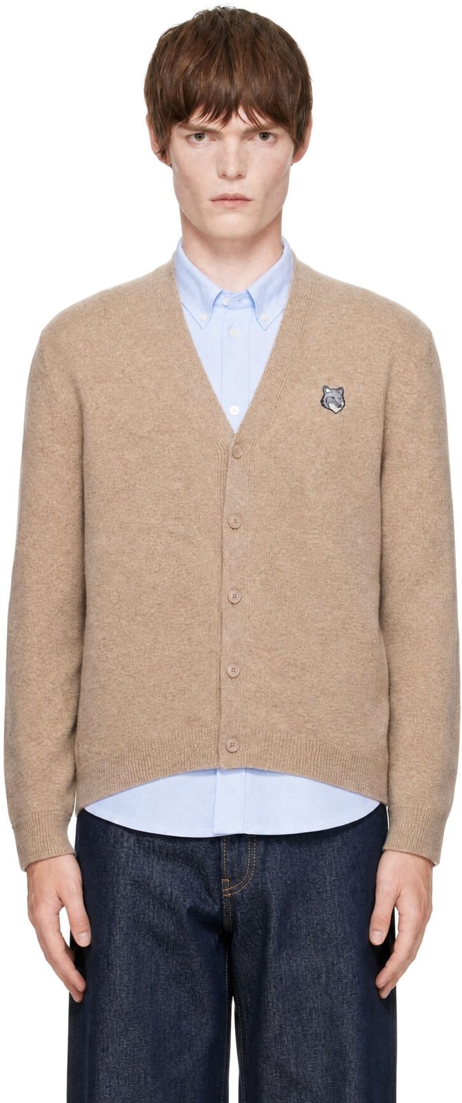 Maison Kitsune Brown Fox Head Lambswool Comfort Cardigan 262389M200007
