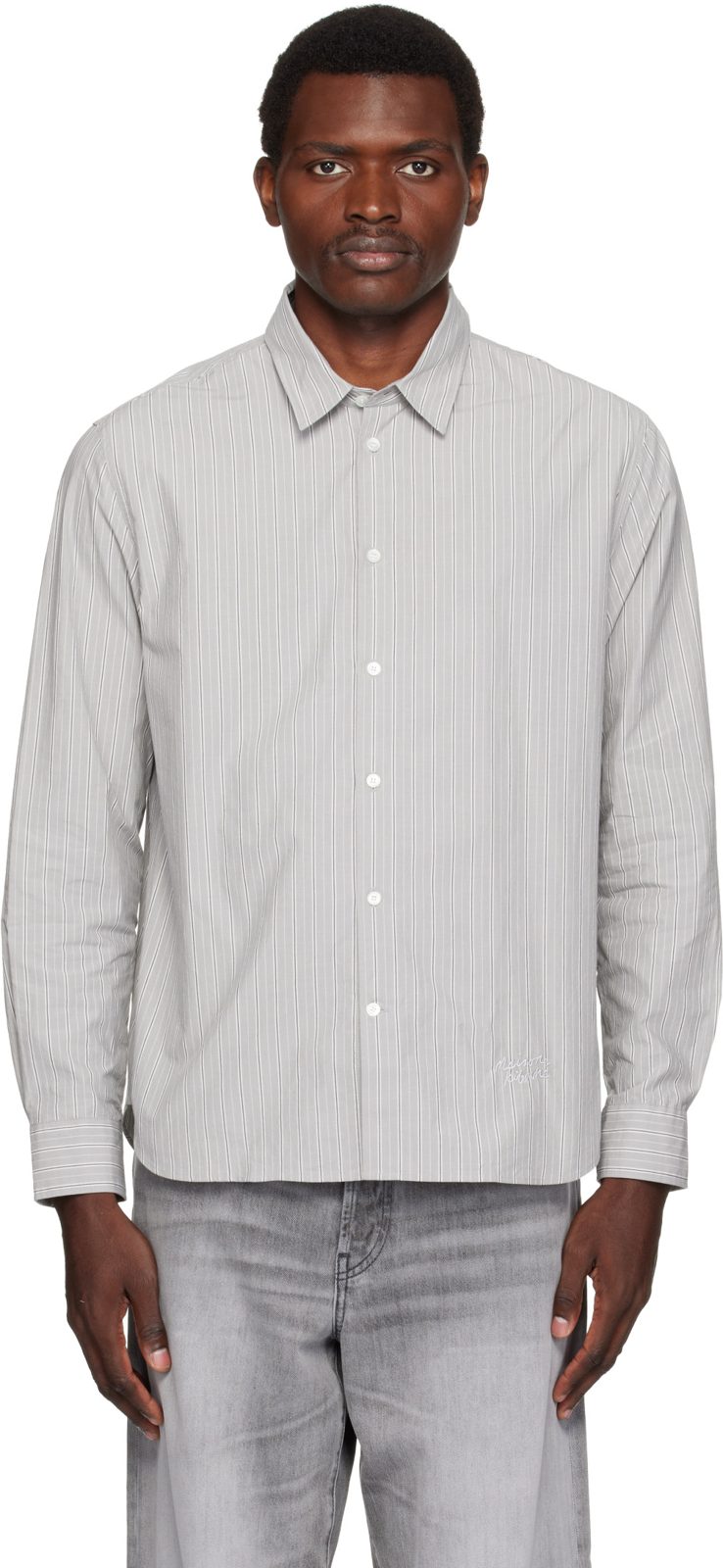 Maison Kitsune Gray Handwriting Striped Casual Shirt 262389M192010