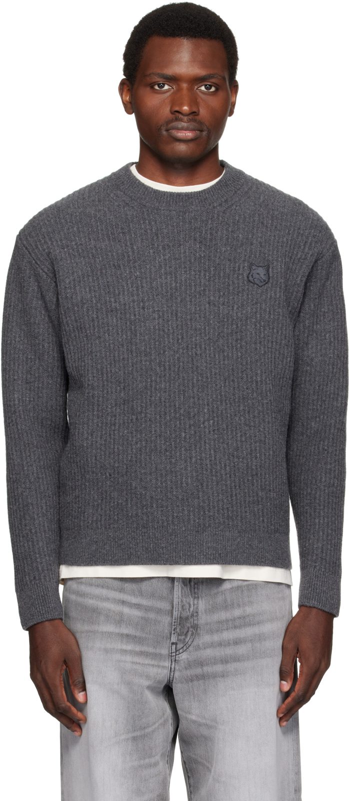 Maison Kitsune Gray Fox Head Wool Ribbed Sweater 262389M201002