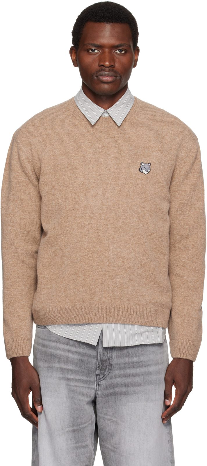 Maison Kitsune Beige Fox Head Lambswool Comfort Sweater 262389M201005