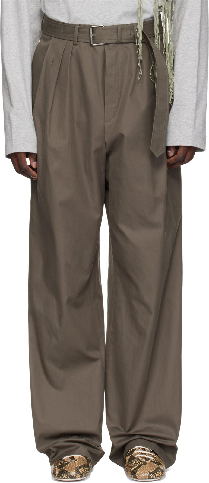 Khaki Belted Cotton Trousers 262358M191016