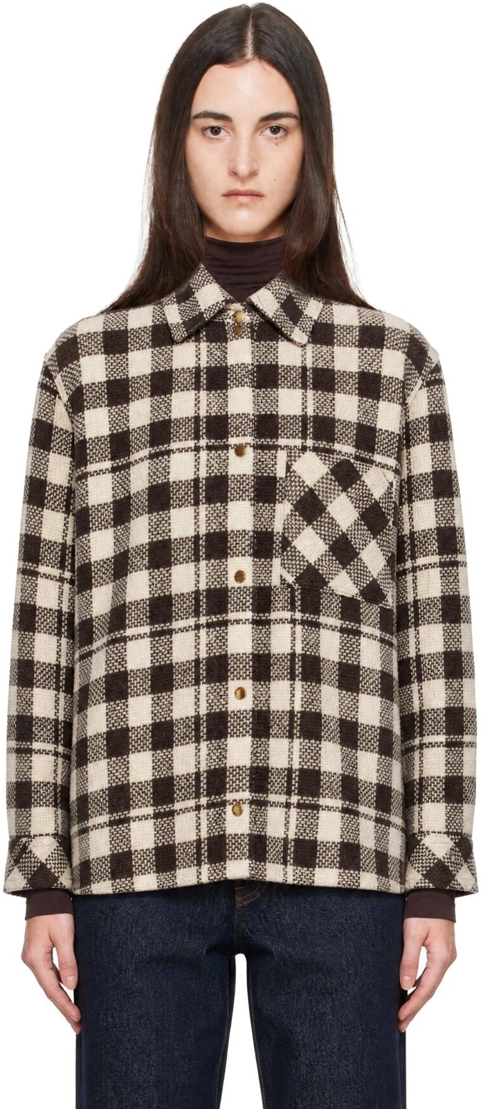 Beige & Brown Check Wool Shirt 262111F109001