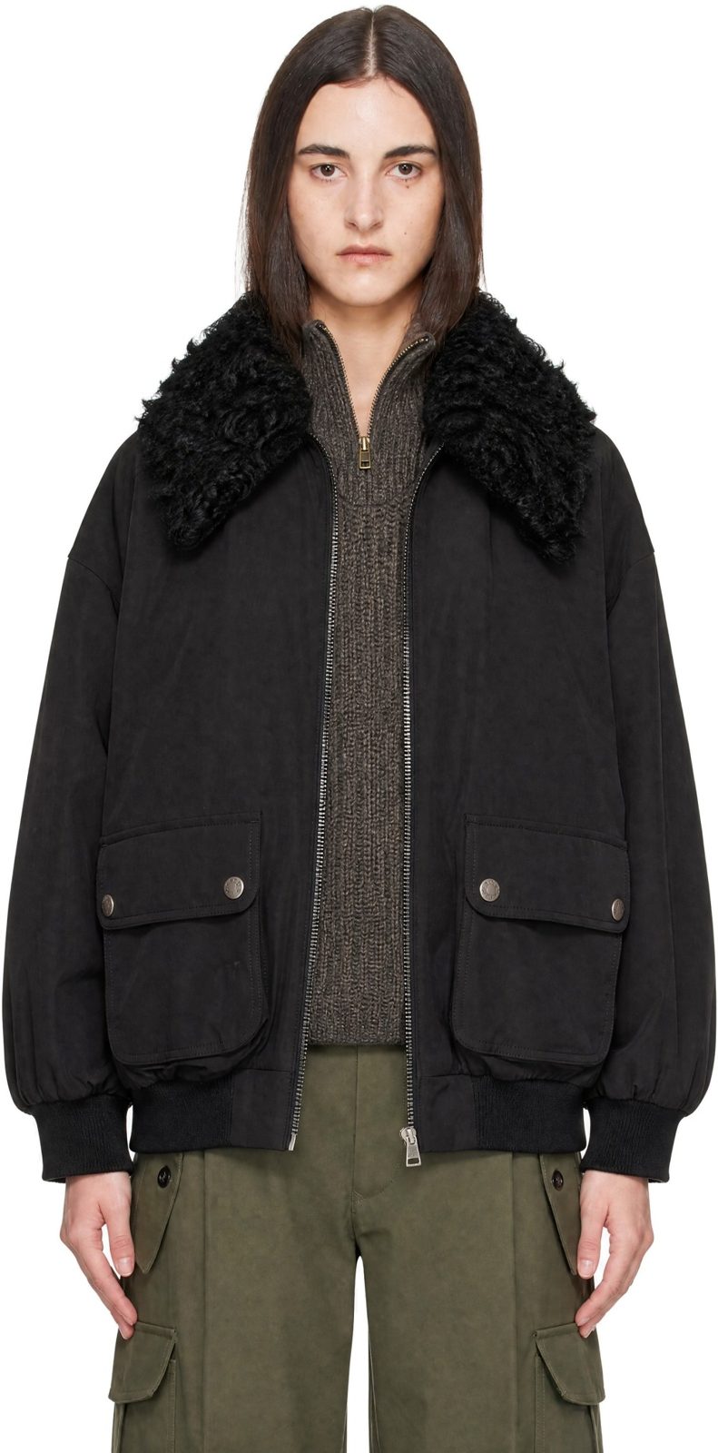 Black Waxed Cotton Lamb Down Jacket 262111F063002