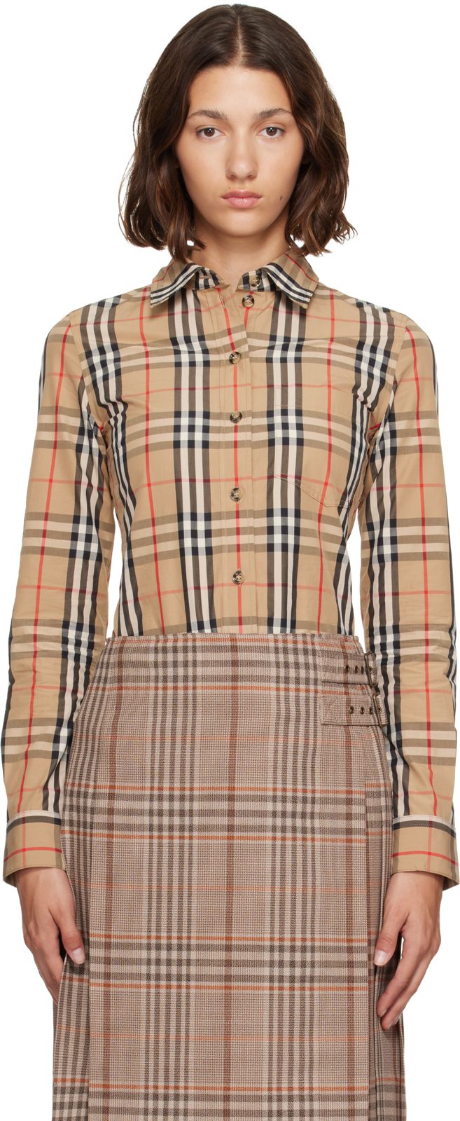 Beige Check Stretch Cotton Shirt 262376F109004