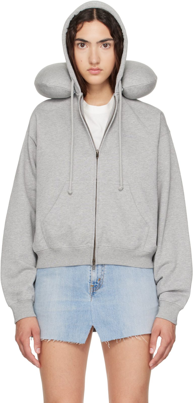 Gray Neck Pillow Fitted Zip Up Hoodie 262669F097005
