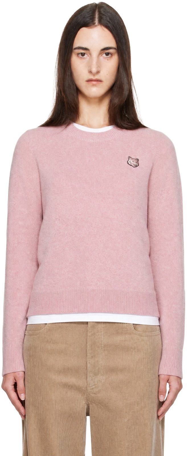 Maison Kitsune Pink Fox Head Lambswool Comfort Sweater 262389F096001