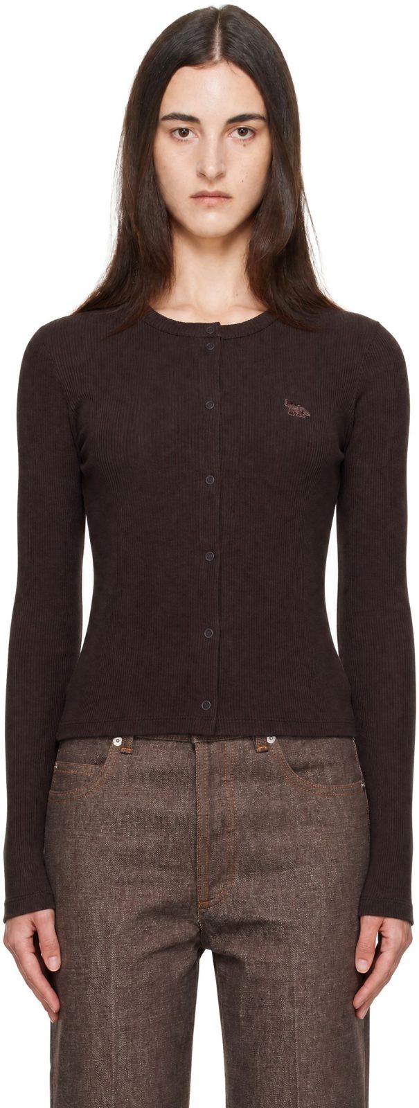Maison Kitsune Brown Baby Fox Ribbed Cardigan 262389F095013