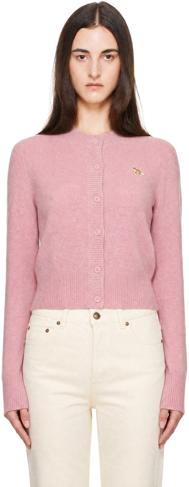 Maison Kitsune Pink Baby Fox Lambswool Fitted Cardigan 262389F095012