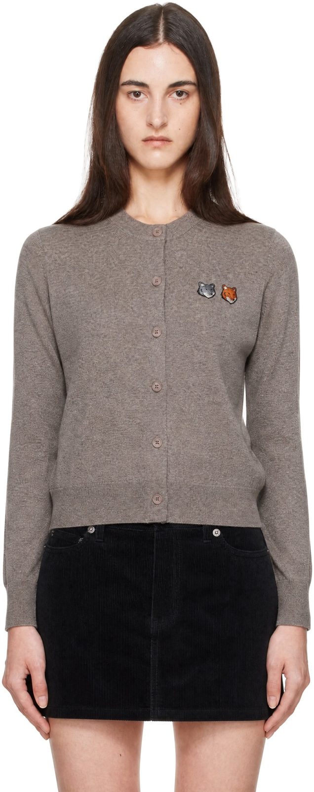 Maison Kitsune Taupe Double Fox Head Regular Cardigan 262389F095001