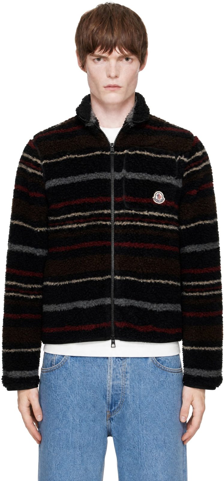 Black Striped Wool Fleece Zip Sweater 262111M202012