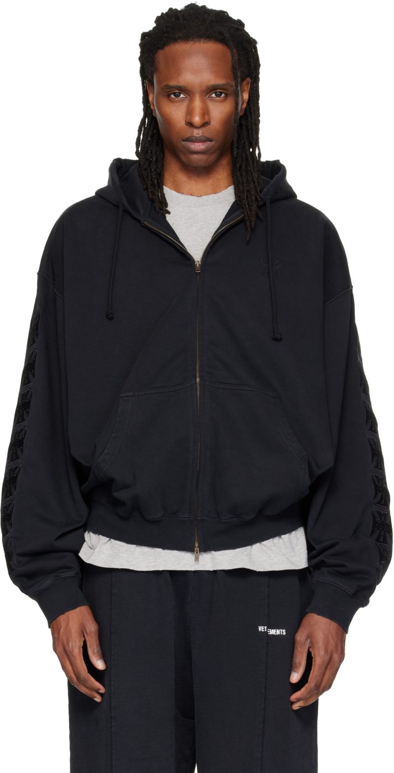 Black Embroidered Biker Cross Logo Zip Up Hoodie 262669M202013
