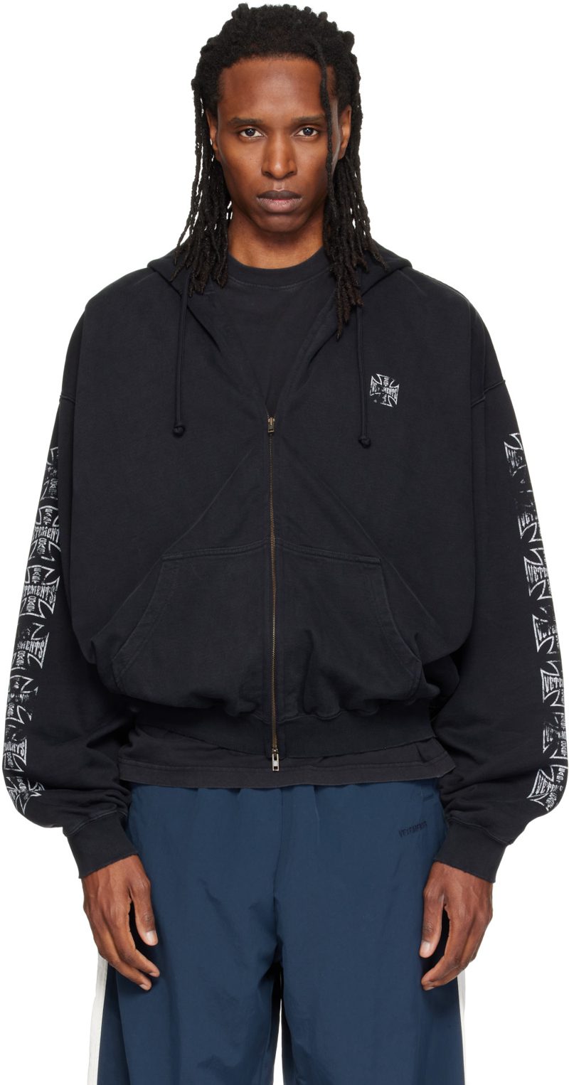Black Biker Cross Logo Zip Up Hoodie 262669M202016