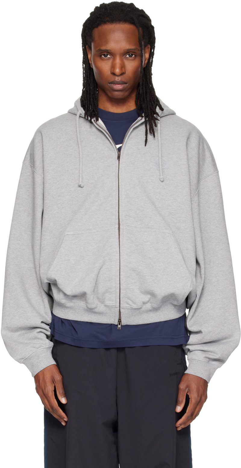 Gray Embroidered Zip Up Hoodie 262669M202030